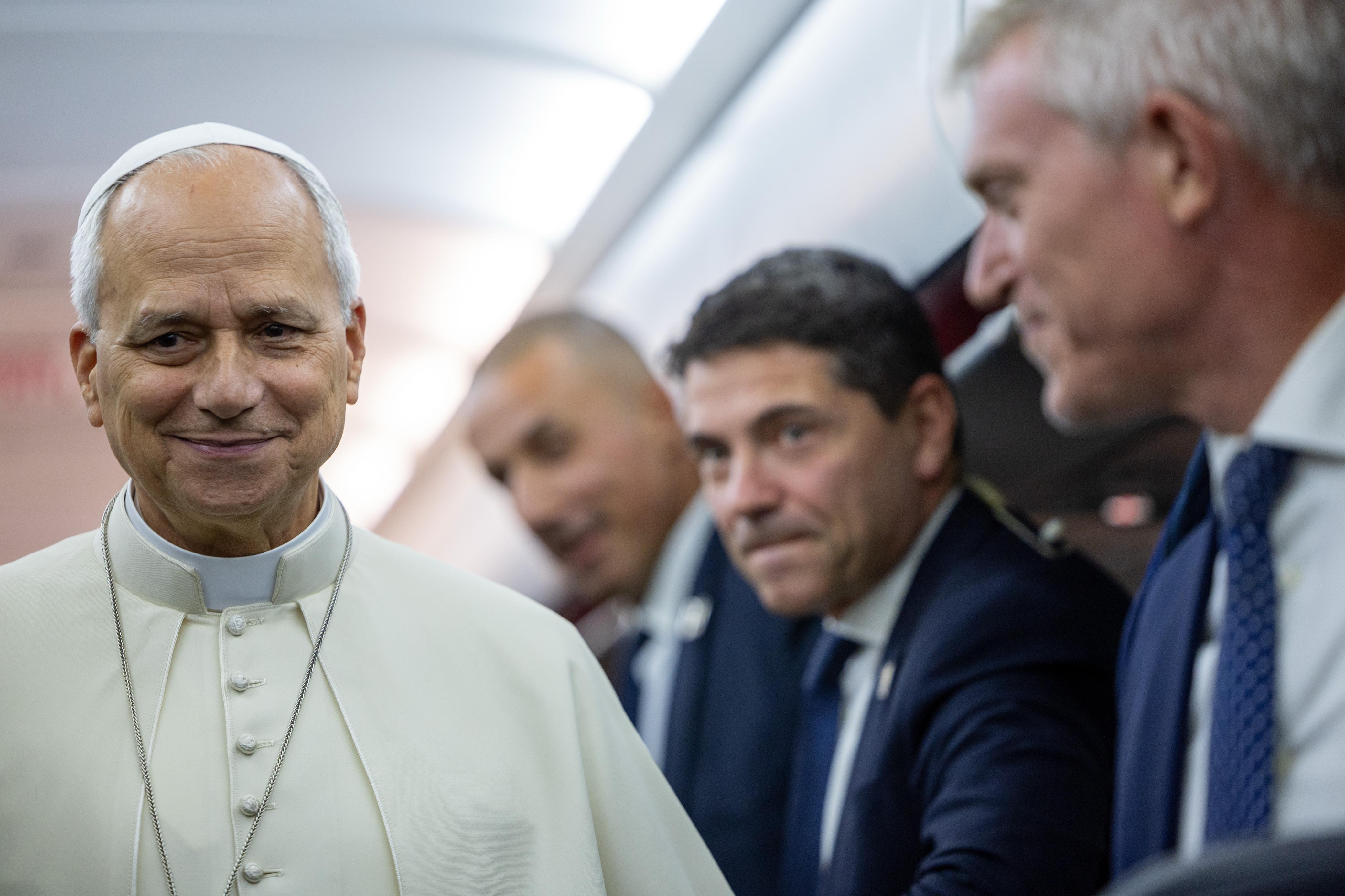 Pope Leo XIV speaks to reporters on his flight from Metz, France, to Rome on Sept. 28, 2026. | Credit: Daniel Ibáñez/EWTN News
