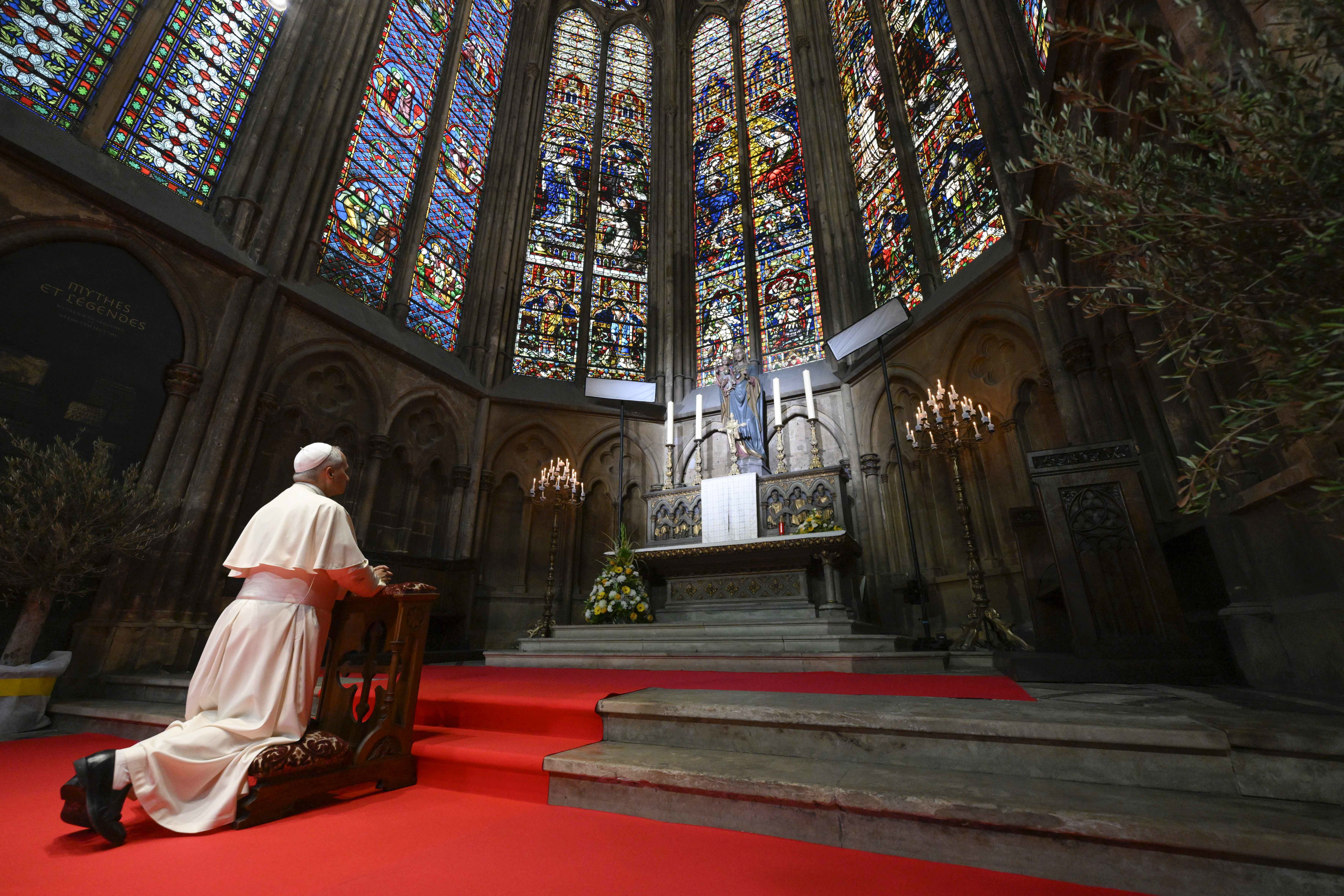 Pope Leo XIV prays at the Cathedral of St. Stephen on Sept. 28, 2026, in Metz, France. | Credit: Vatican Media