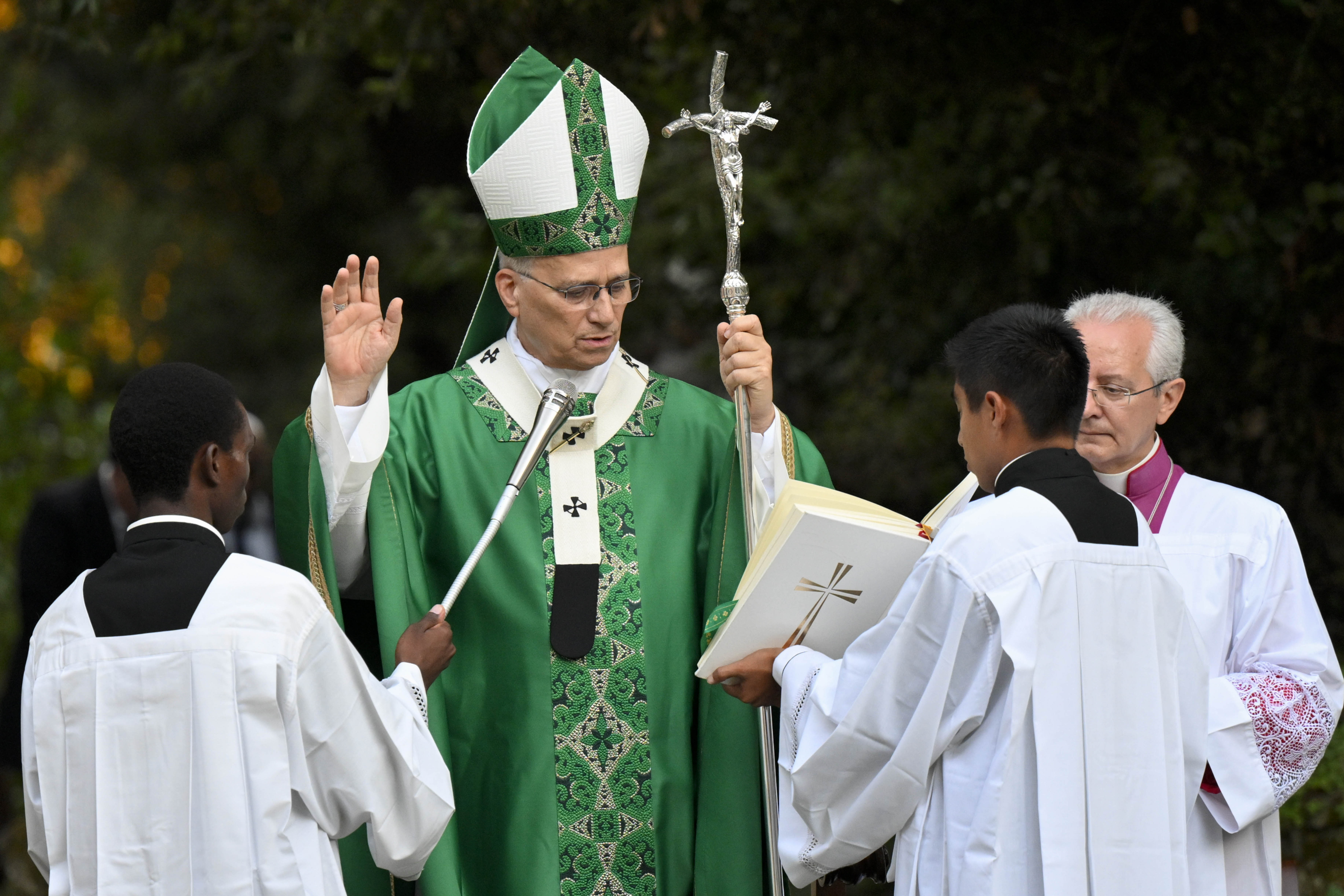 Pope Leo XIV prayers during the Mass for the World Day of Prayer for the Care of Creation on Sept. 1, 2026, in the Madonnina Garden of the Borgo Laudato Si’ within the pontifical gardens of Castel Gandolfo. | Credit: Vatican Media