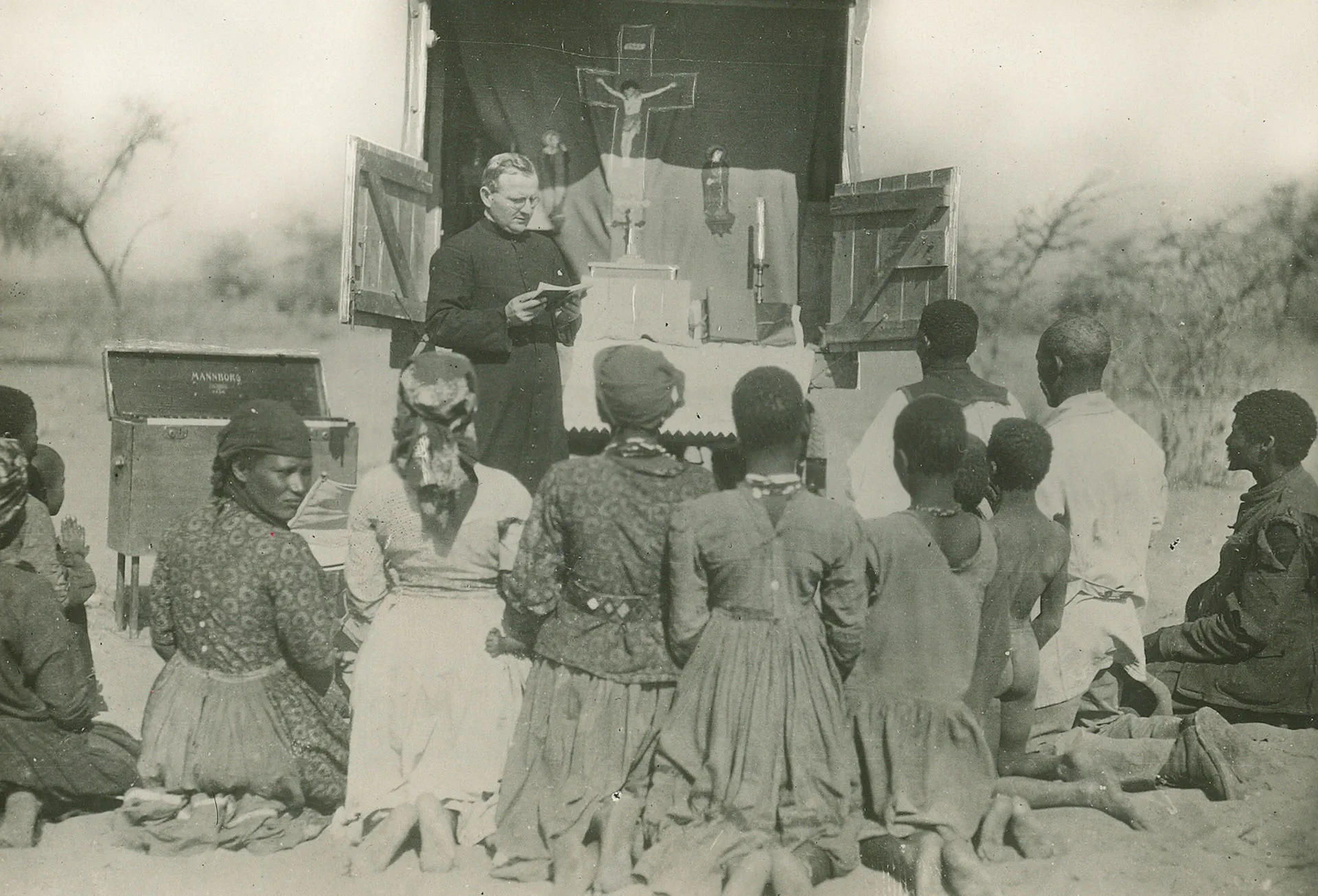 A missionary priest with a mobile chapel in Africa (undated). | Credit: Pontifical Mission Societies