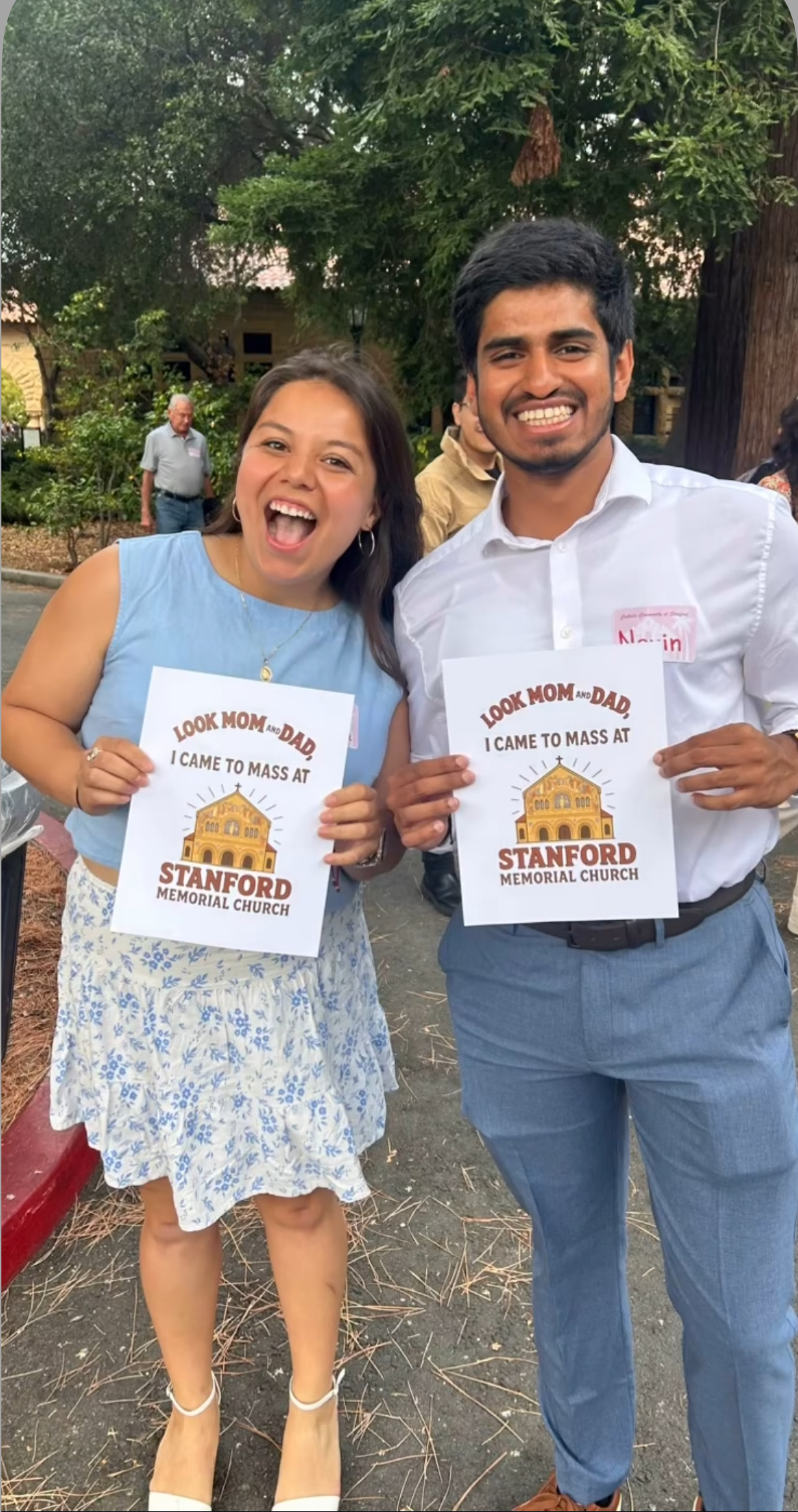 Lisa Teresa Archuleta and Alumni Nevin Aresh, MS 2026, after the Holy Spirit Mass on the campus of Stanford University. | Photo courtesy of Lisa Archuleta
