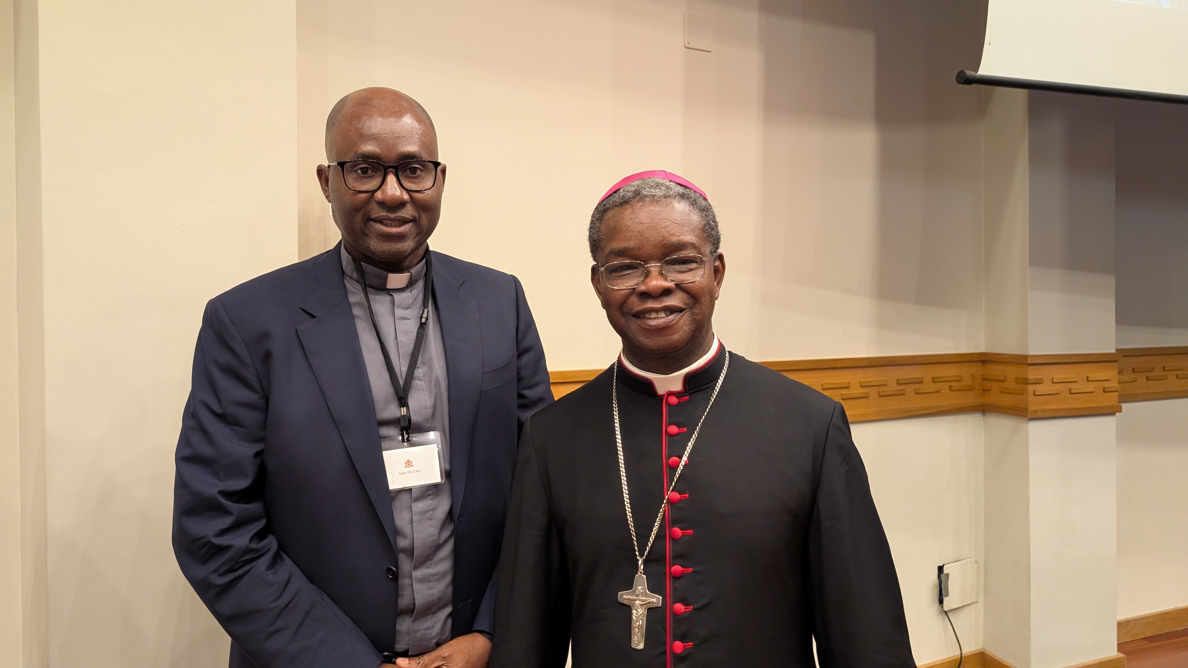 Father Stan Chu Ilo, co-director of the Church of the Sheaves project, and Archbishop Fortunatus Nwachukwu, a secretary at the Dicastery for Evangelization, were both present at “The Church of the Sheaves: An International Gathering in Rome on Mission as an Exchange of Gifts” at the Pontifical Urban University in Rome on Oct. 22, 2026. | Credit: Ishmael Adibuah/EWTN News