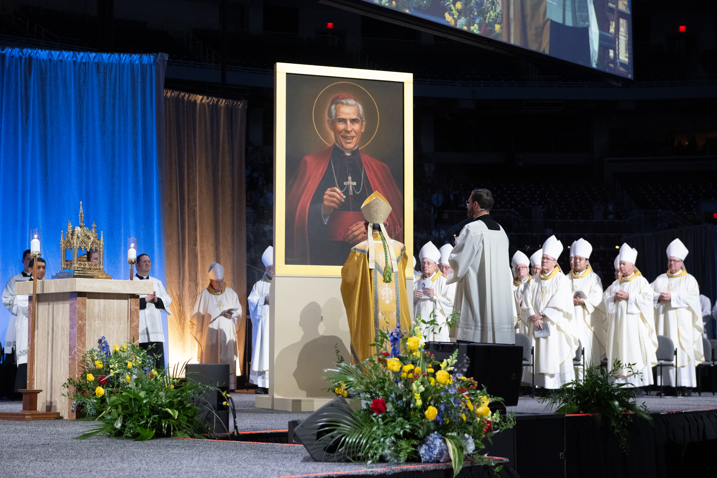 Cardinal Tagle stands before the image of Blessed Fulton Sheen during the beatification Mass in St. Louis on Sept. 24, 2026. | Credit: Jeffrey Bruno